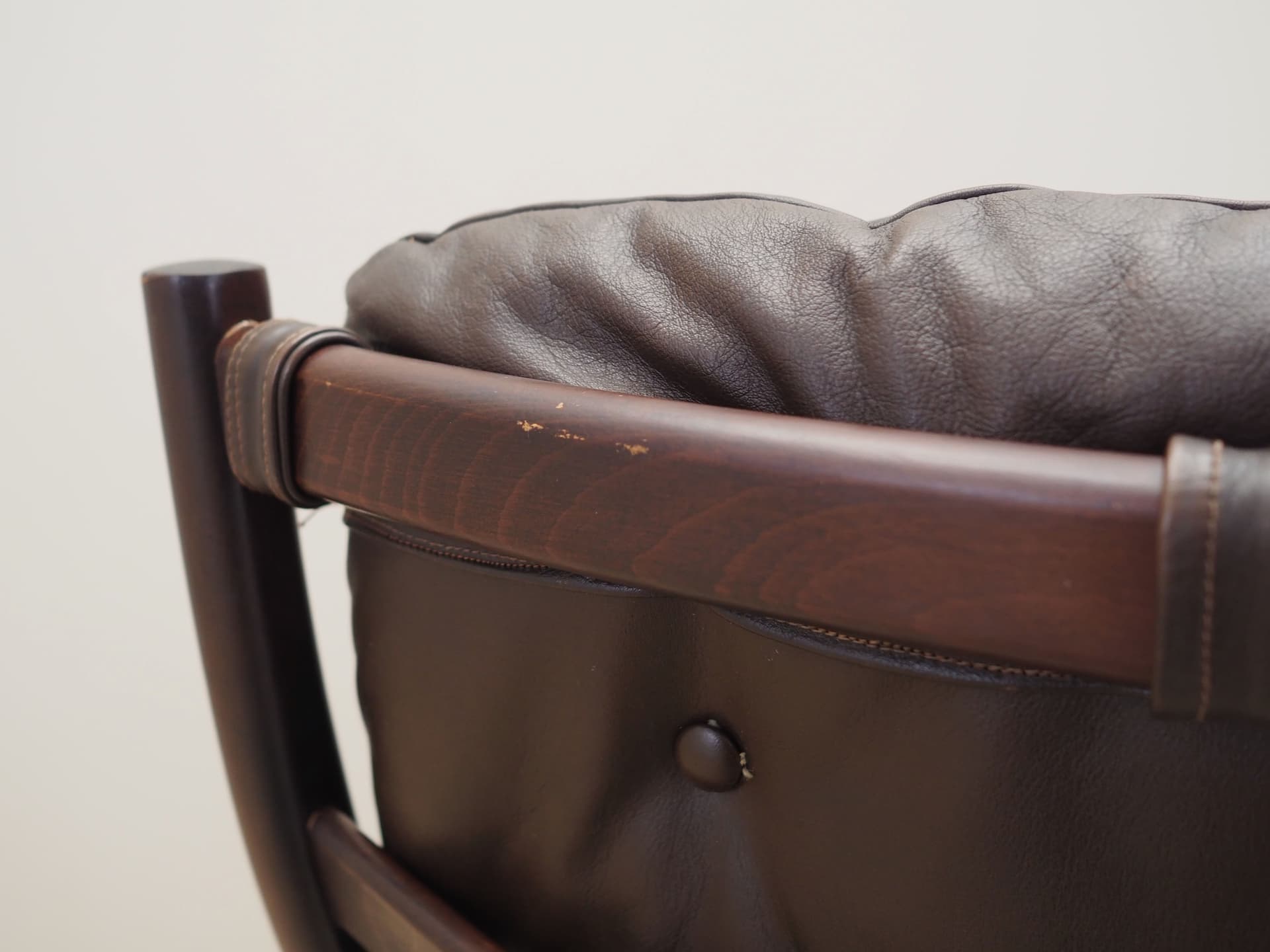 Rocking chair, brown leather, dark brown beech, Denmark, 1980s - 51336