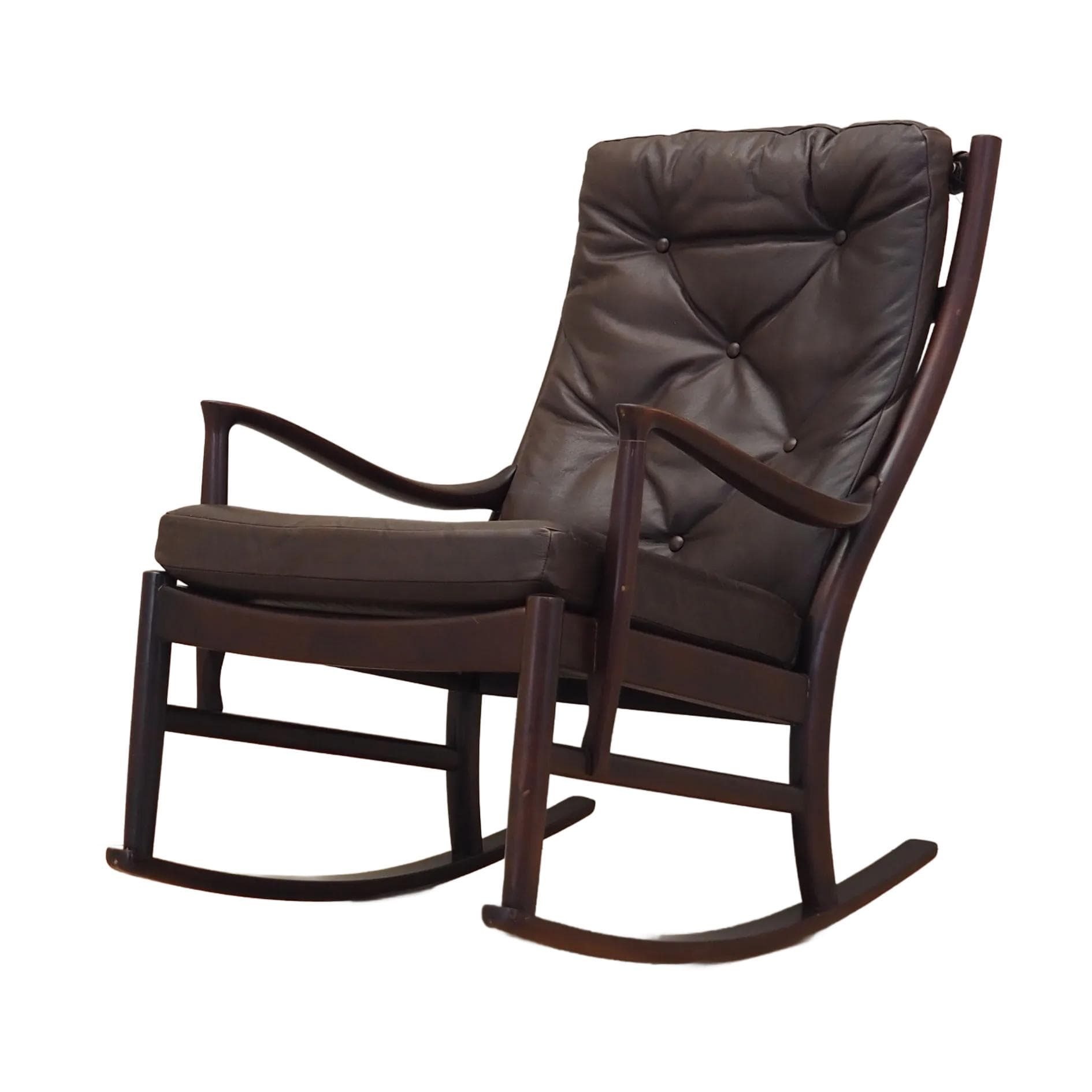 Rocking chair, brown leather, dark brown beech, Denmark, 1980s