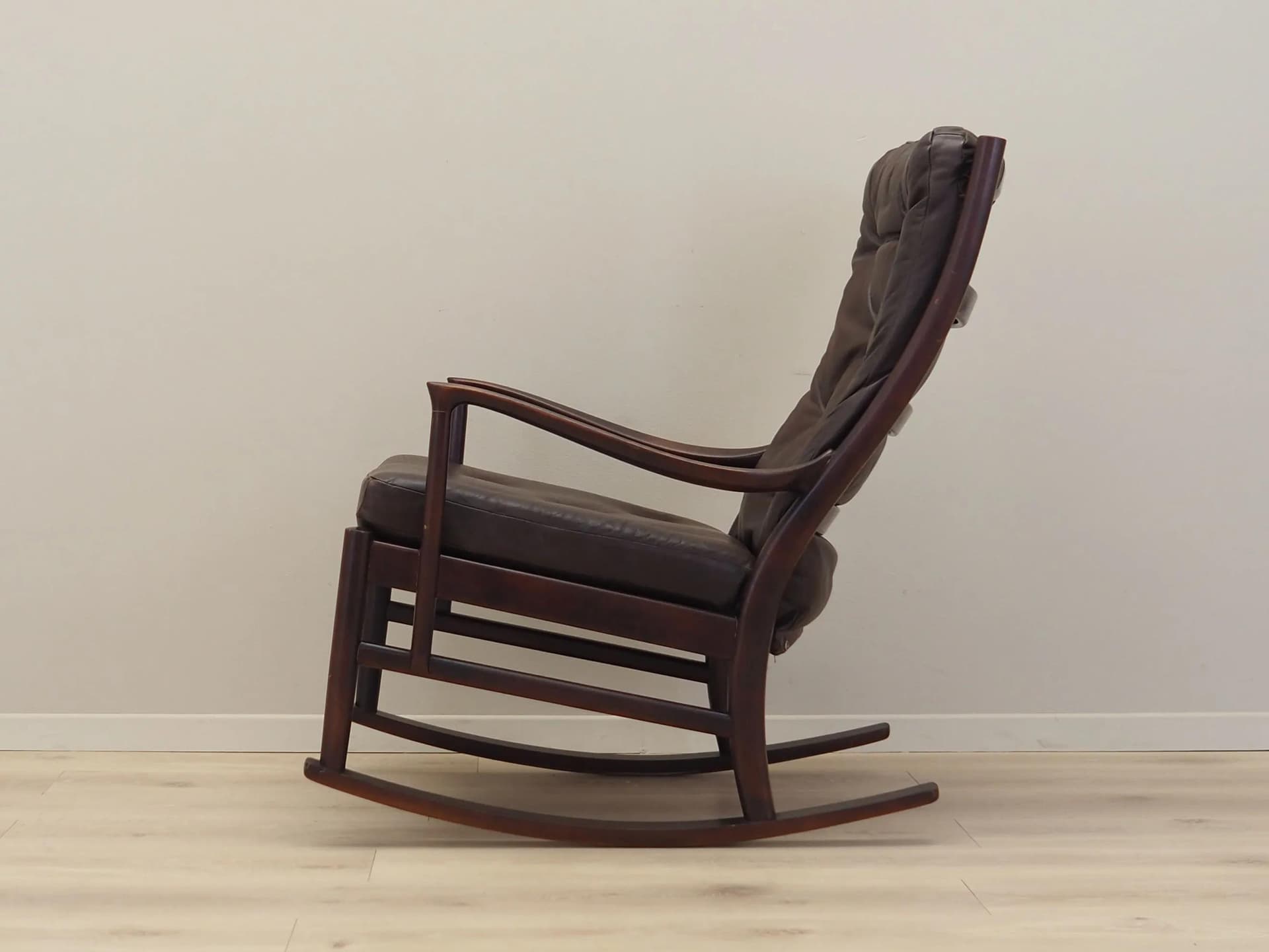 Rocking chair, brown leather, dark brown beech, Denmark, 1980s - 40410
