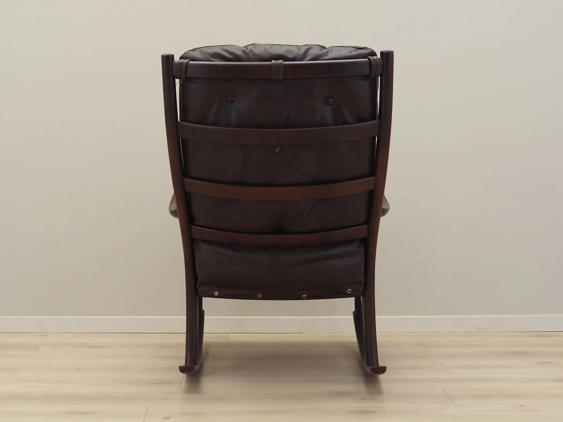 Rocking chair, brown leather, dark brown beech, Denmark, 1980s - 40409