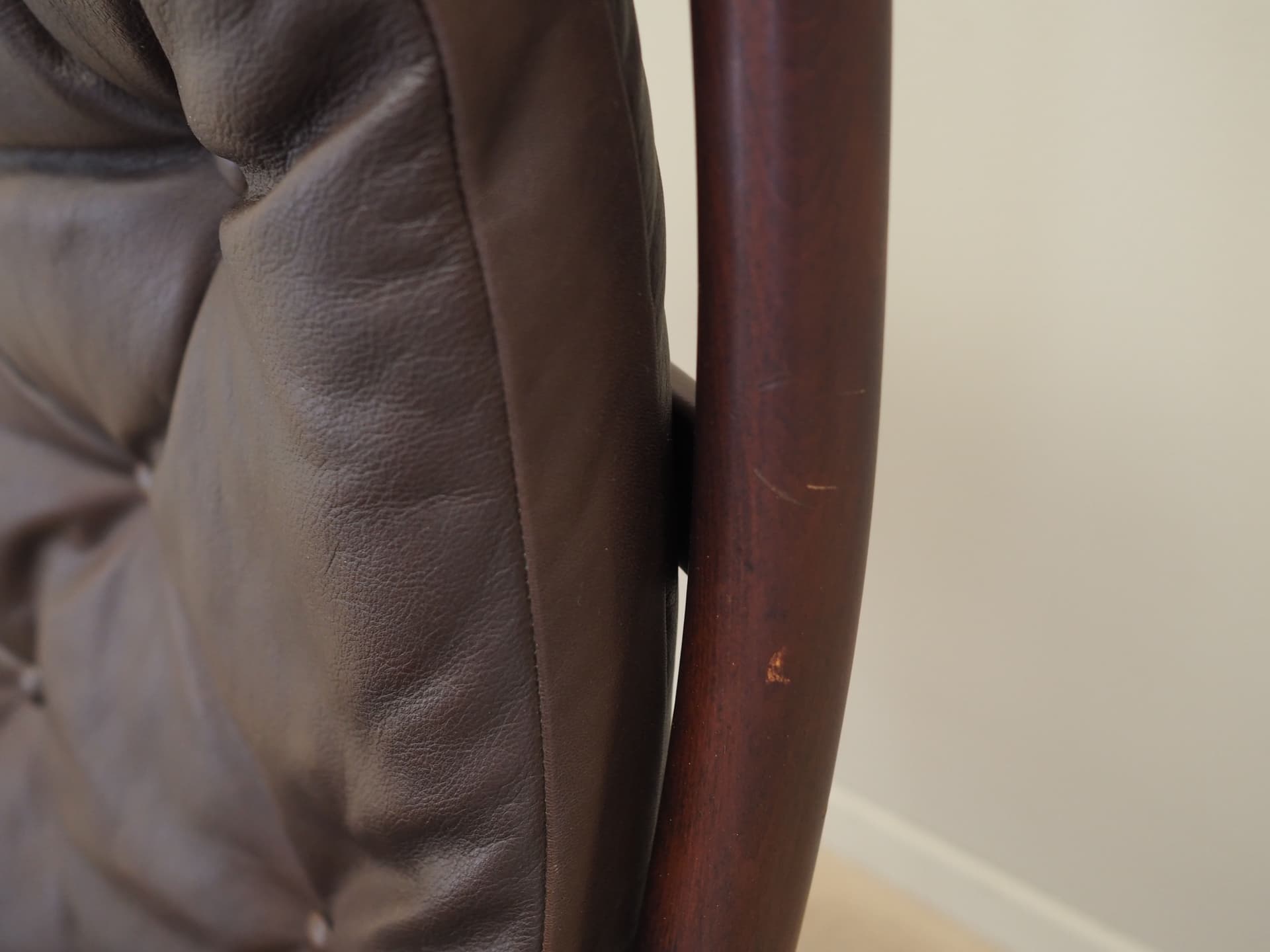 Rocking chair, brown leather, dark brown beech, Denmark, 1980s - 51335