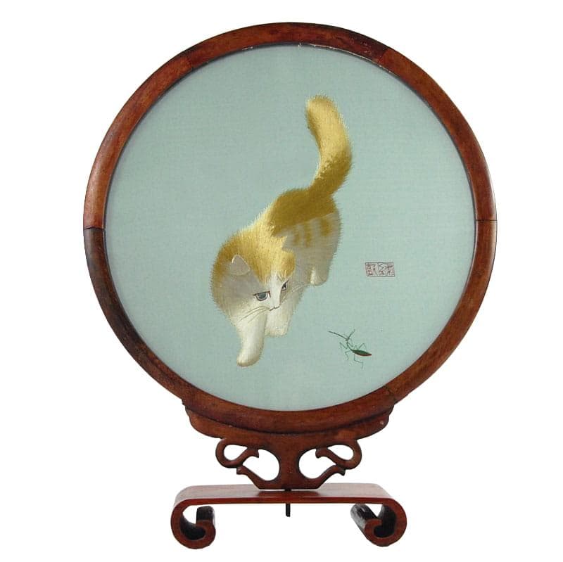 Decorative panel, blue silk embroidery, dark brown wood, China, 20th c.