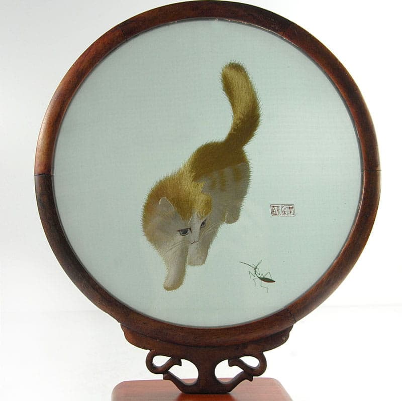 Decorative panel, blue silk embroidery, dark brown wood, China, 20th c. - 41928