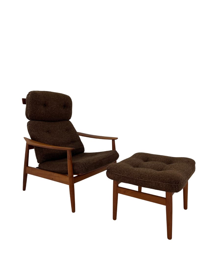 Fotel z podnóżkiem FD-164, wełna brązowy ciemny, teak, proj. A. Vodder, Cado, Dania, lata 70.