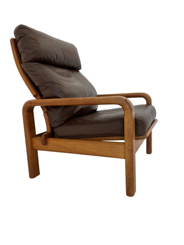 Fotel, skóra naturalna brązowa, teak, proj. H. Olsen, Dania, lata 70. - WYMIARY