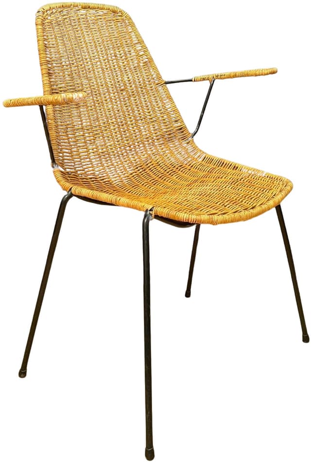 Krzesło z podłokietnikami, rattan brązowy, stal czarna, proj. G. F. Legler, Włochy, lata 50. - WYMIARY