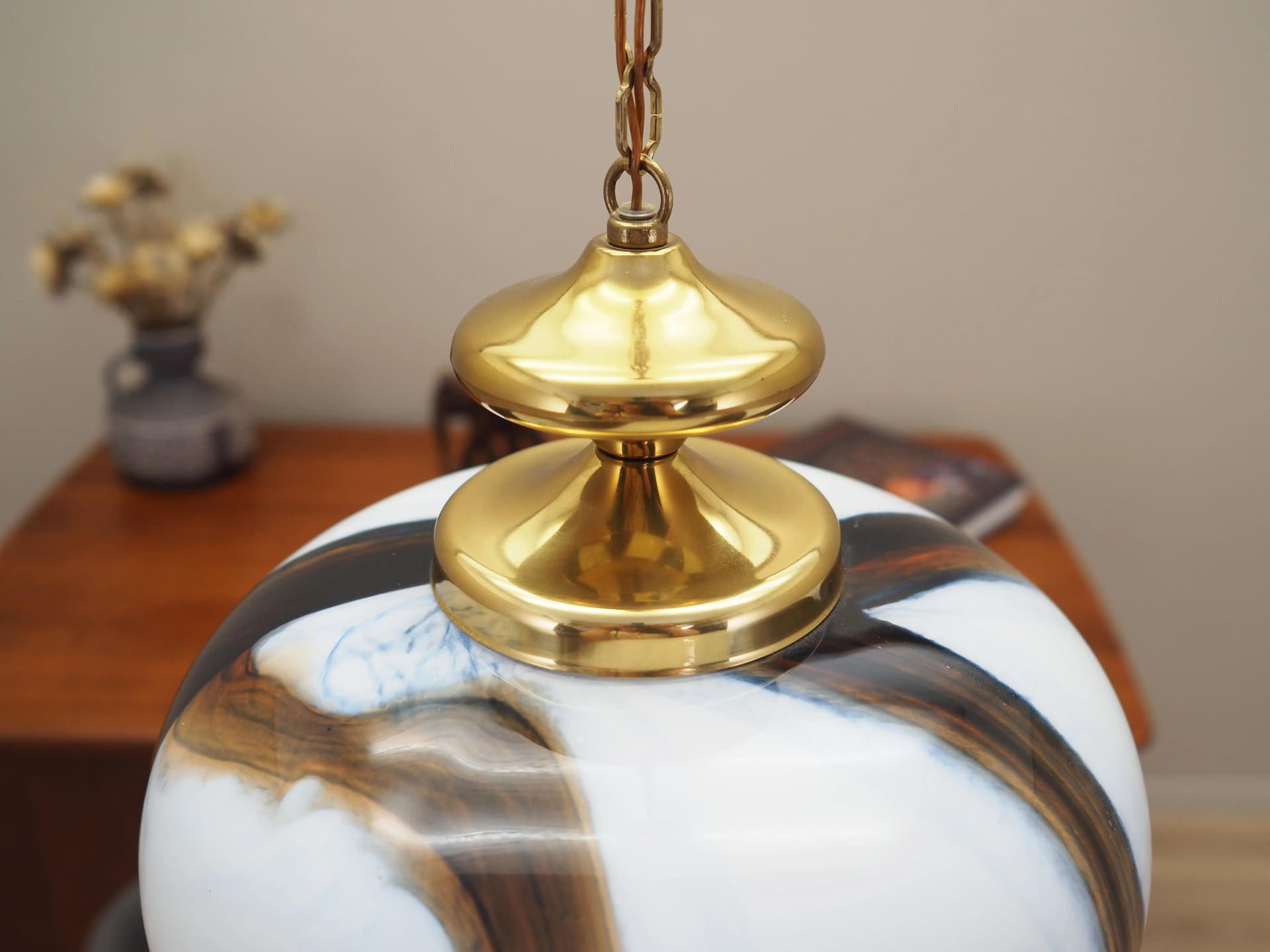 Lampa wisząca, biały brązowy, szkło metal, Dania, lata 70. - 42757