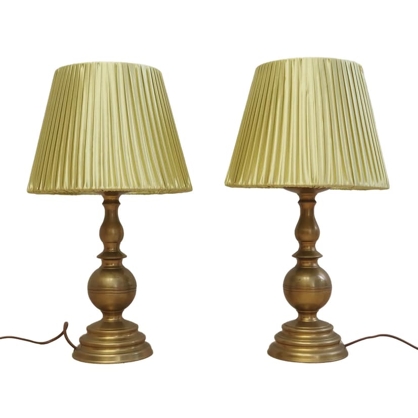 Komplet lampek nocnych, mosiądz złoty, tkanina zielona, Dania, lata 70.