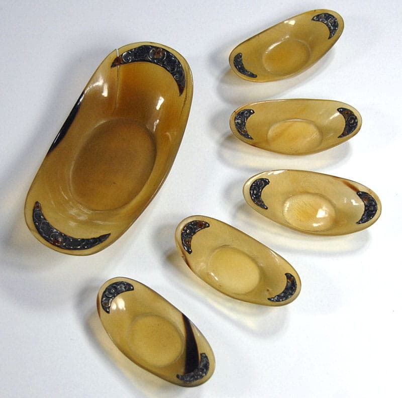 Zestaw miseczek art déco, beżowy, róg bawoli, srebro, Indonezja, lata 30. - 42094