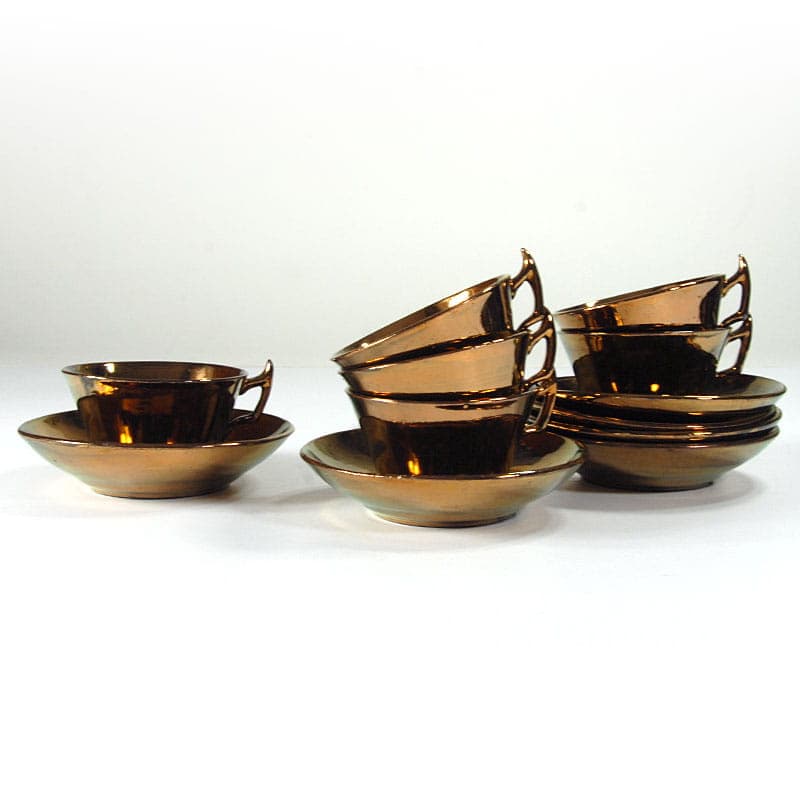 Zestaw sześciu filiżanek i spodków, styl wiktoriański, fajans miedziany, Wielka Brytania, początek XX w. - 43160