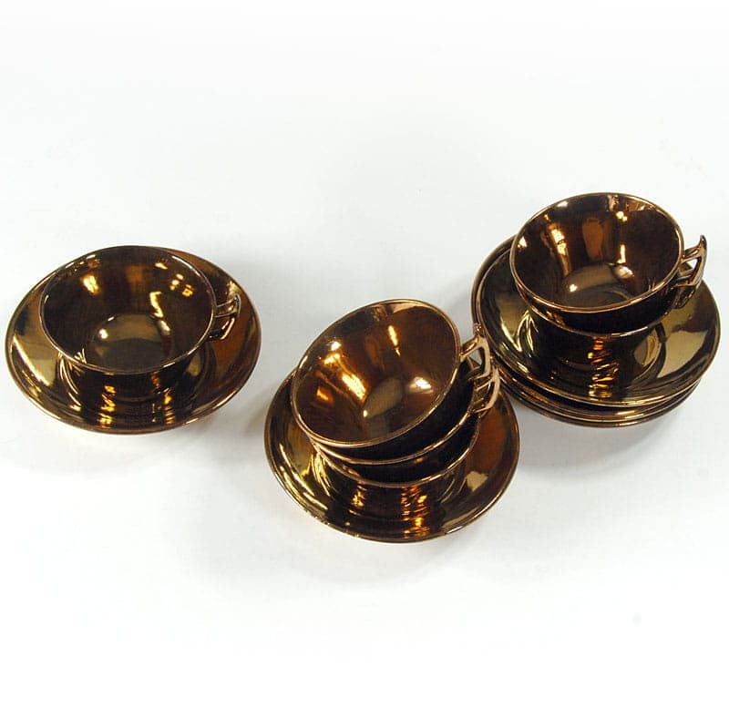 Zestaw sześciu filiżanek i spodków, styl wiktoriański, fajans miedziany, Wielka Brytania, początek XX w. - 43156