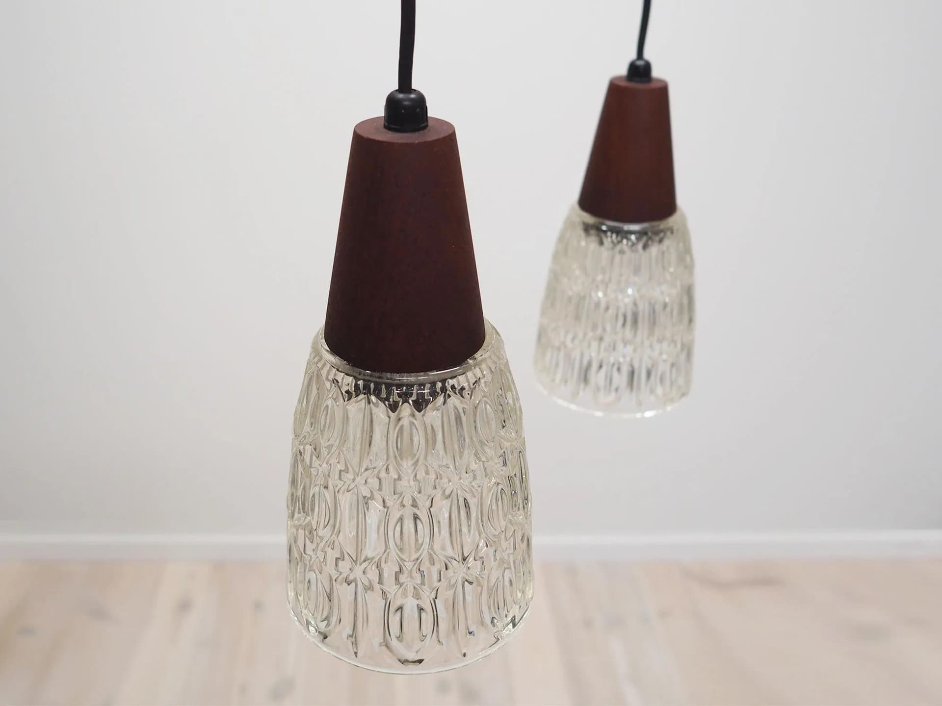 Pendant lamp, teak wood brown, glass, Denmark, 1970s - 43333