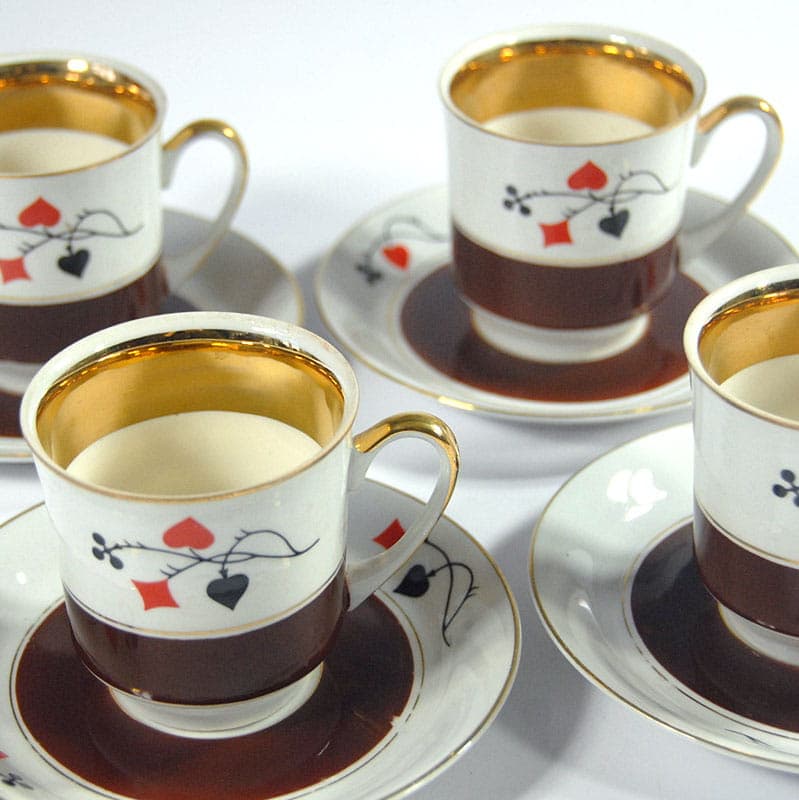 Set of card motif cups, white porcelain, by W. Potacki, Ćmielów, Poland, 1960s. - 42946