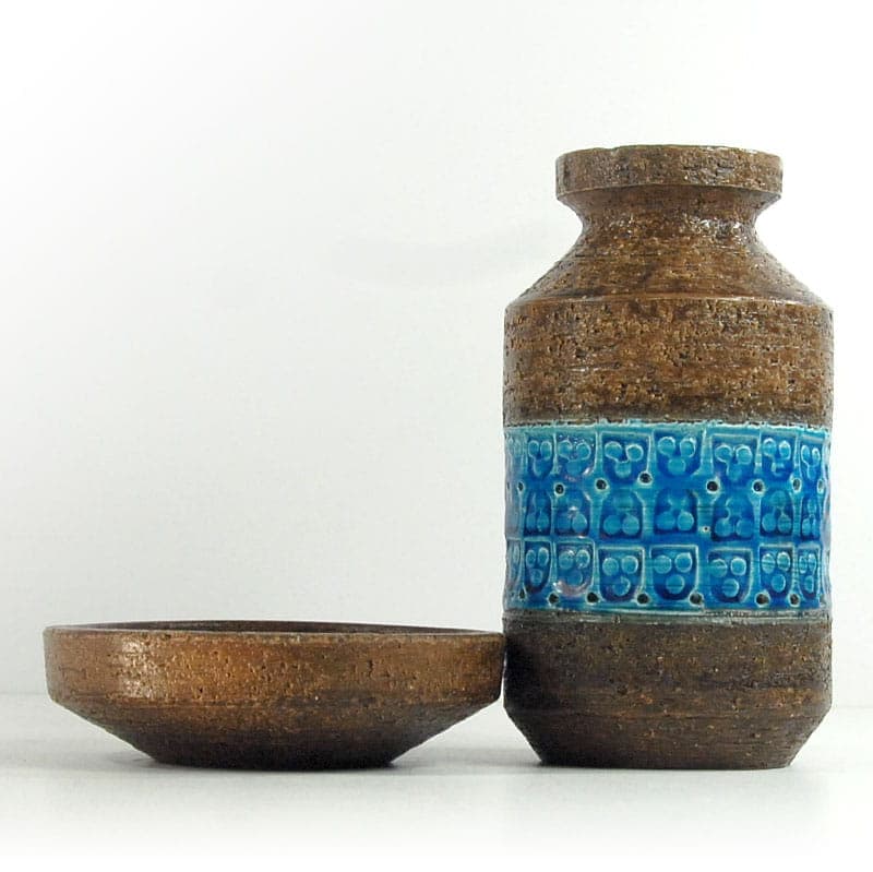 Zestaw wazon i paterka Rimini Blue, turkusowy, ceramika, proj. A. Londi, Bitossi, Włochy, lata 60. - 43552