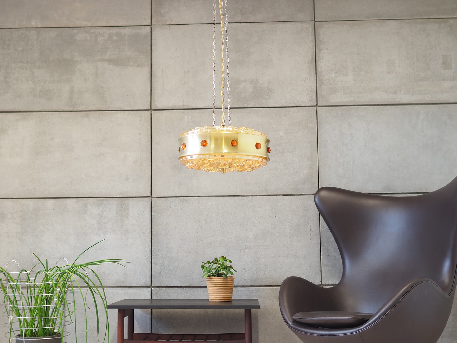 Lampa wisząca, złoty metal, szkło, Dania, lata 80. - 78312