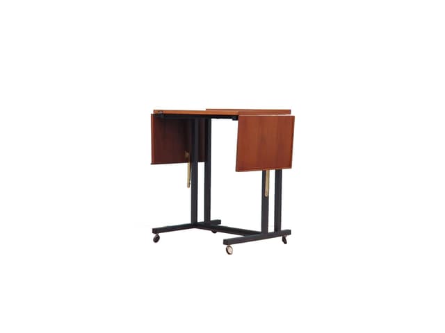 Stolik na kółkach, teak brązowy, metal czarny, Dania, lata 70. - WYMIARY
