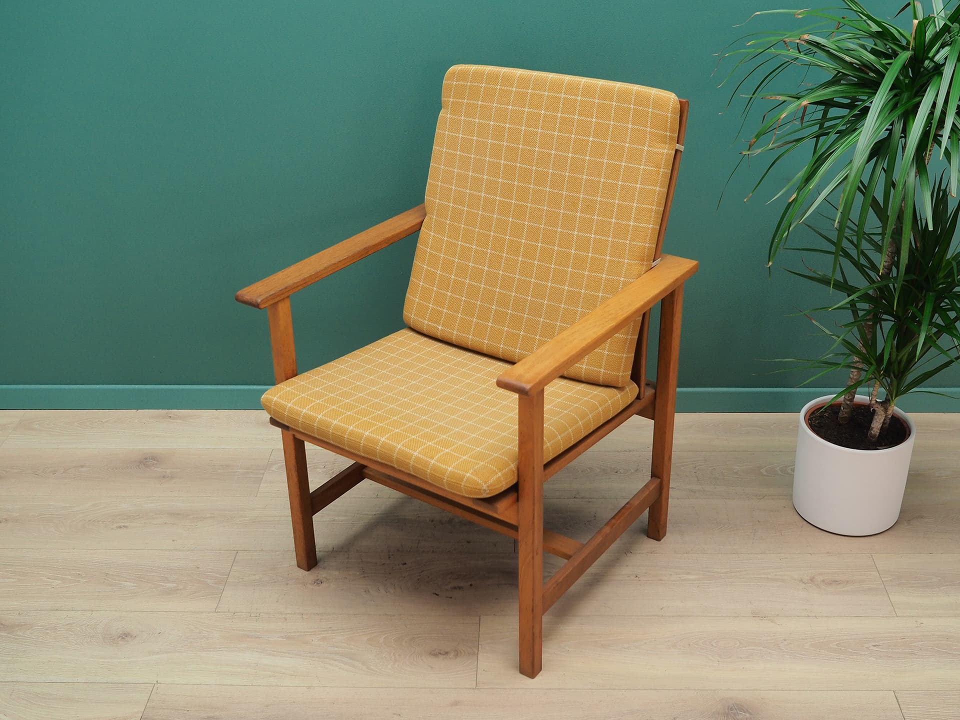 Armchair, yellow fabric, teak, by B. Mogensen, Denmark, 1970s - 50452