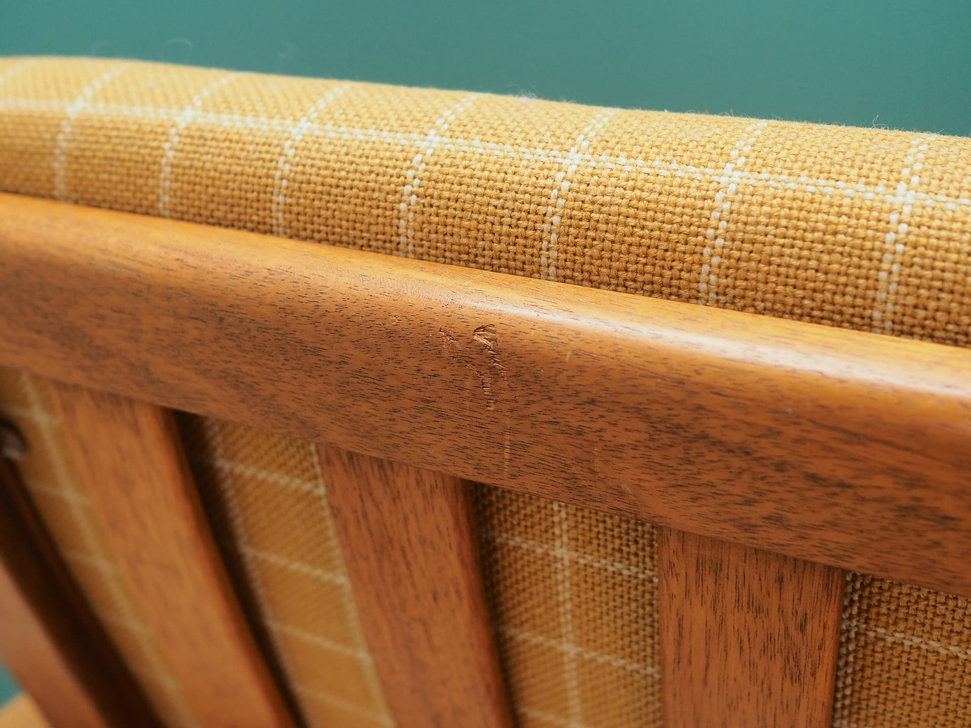 Armchair, yellow fabric, teak, by B. Mogensen, Denmark, 1970s - 50455