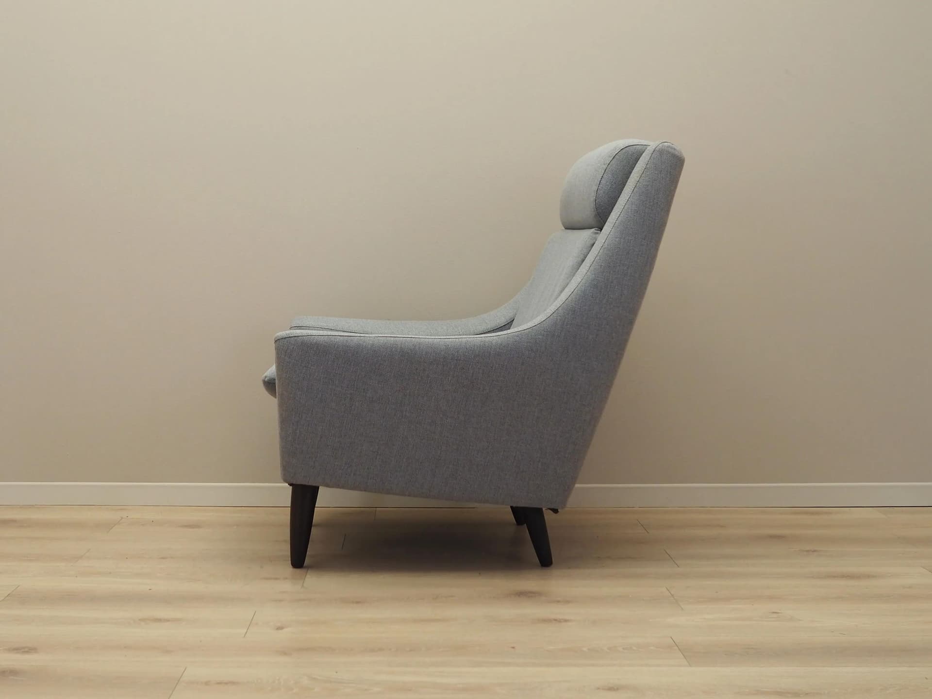 Armchair, grey fabric, wood, Denmark, 1970s. - 44272