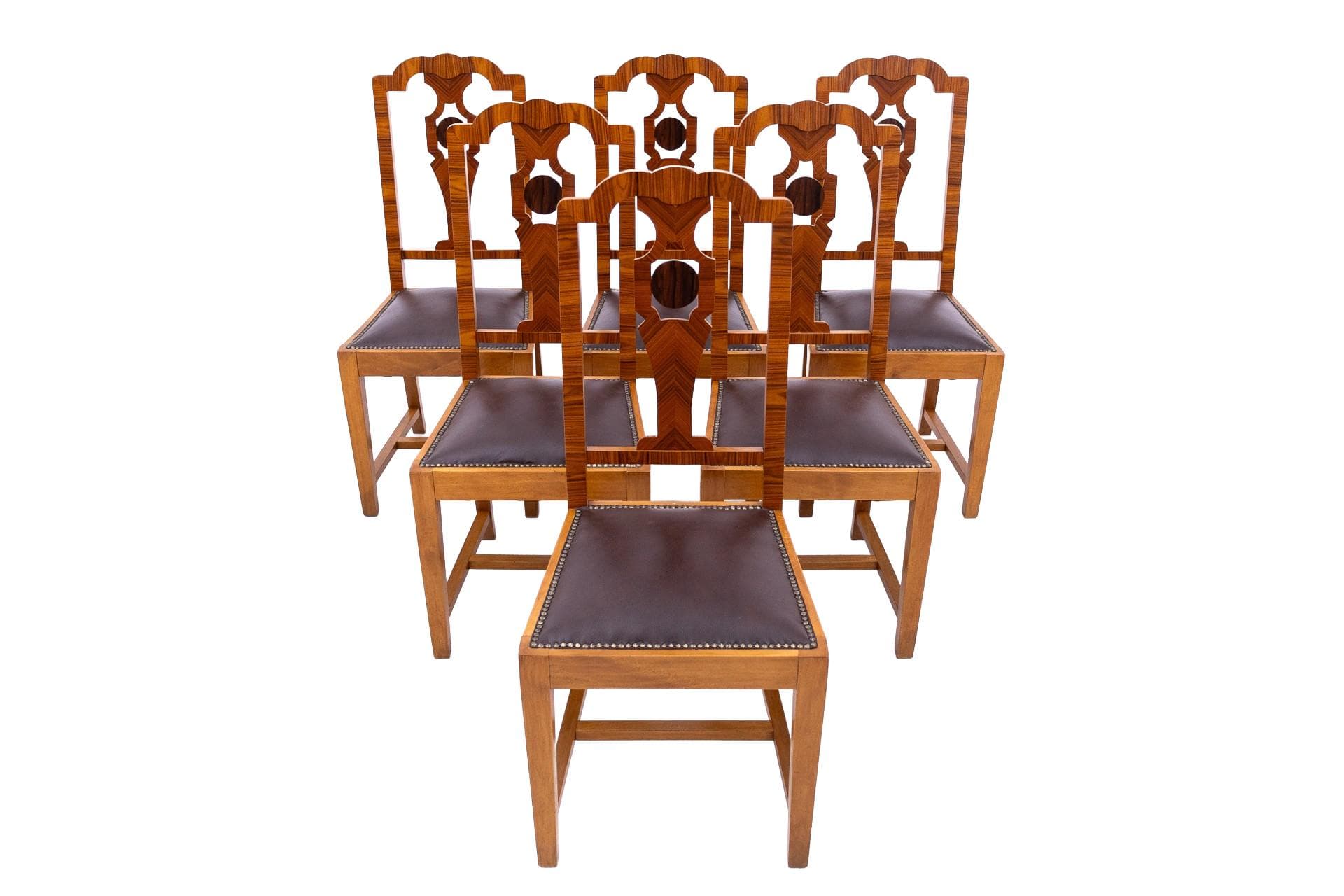 Brązowy komplet krzeseł, styl art deco, Polska, lata 40.