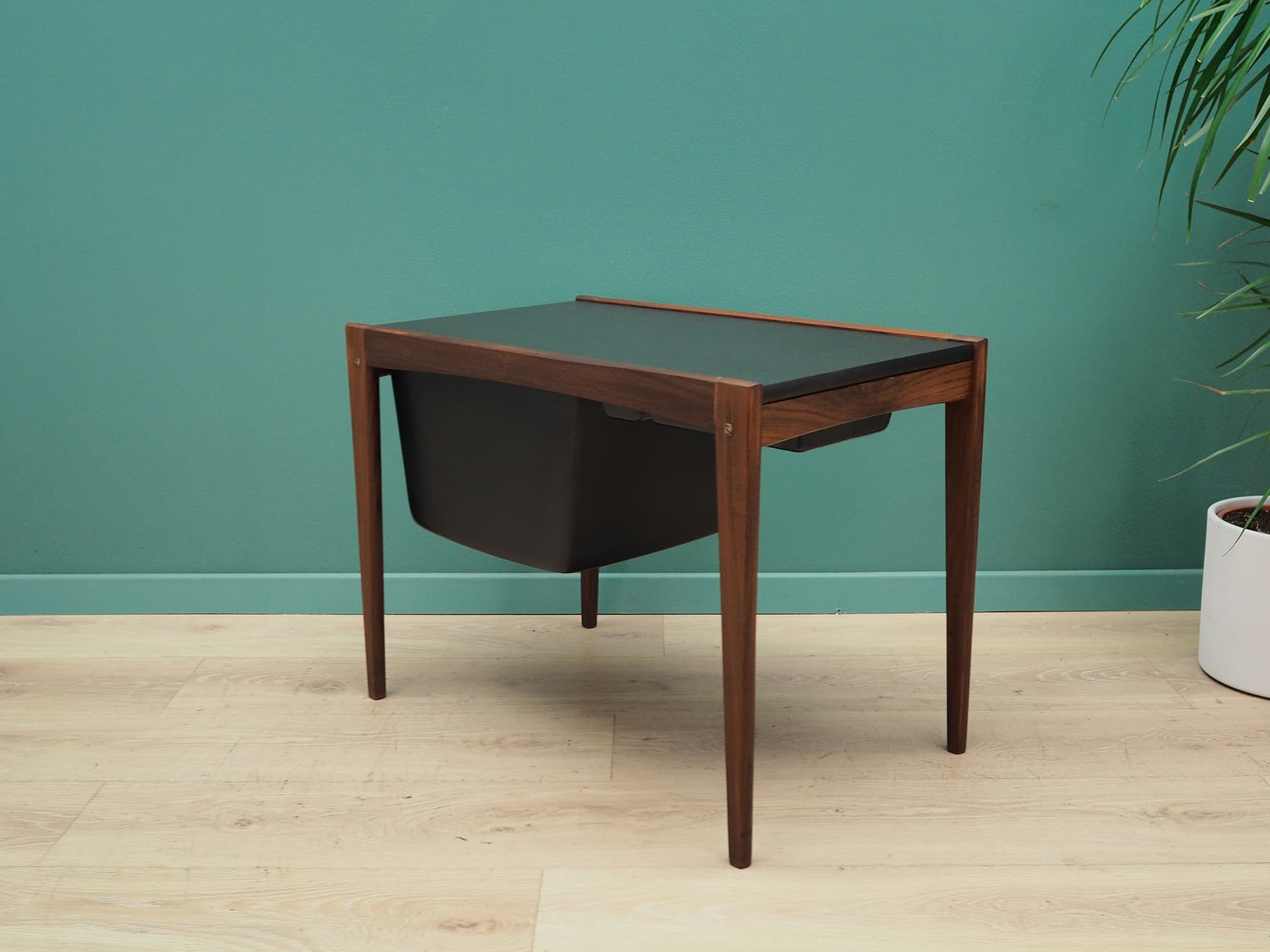 Sewing side table, brown teak black veneer, Denmark, 1960s. - 50385