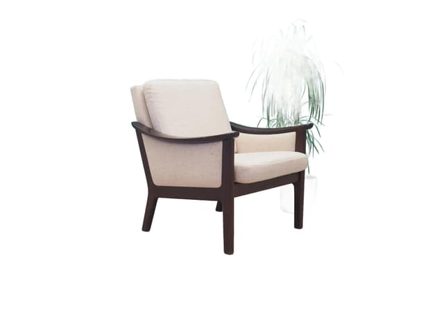 Fotel, beżowy, mahoniowy, tkanina, Dania, lata 70. - WYMIARY