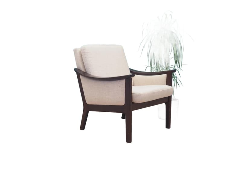 Fotel, beżowy, mahoniowy, tkanina, Dania, lata 70.