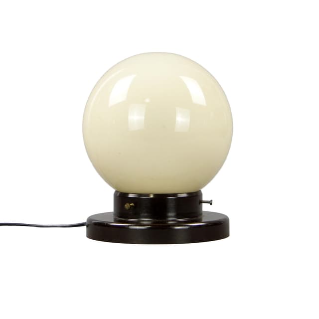 Lampa stołowa Art déco, szkło ecru, ebonit brązowy, Polska, lata 20. - WYMIARY