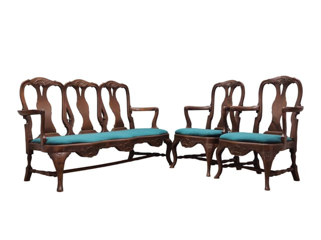 Komplet salonowy Chippendale, velvet turkus, orzech, Dania, lata 70. - WYMIARY