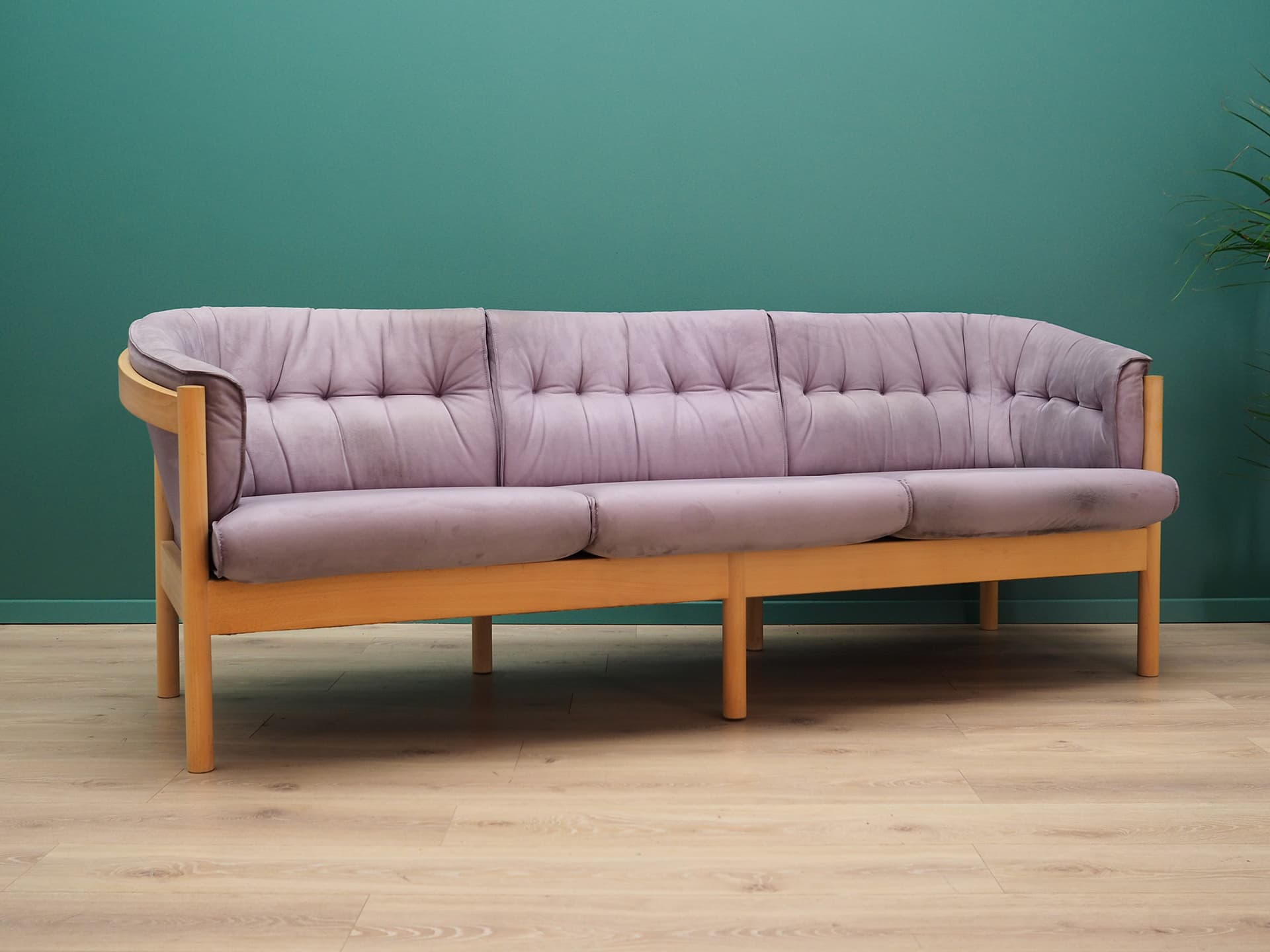 Sofa, velvet wrzosowy, buk, Dania, lata 70. - 44758
