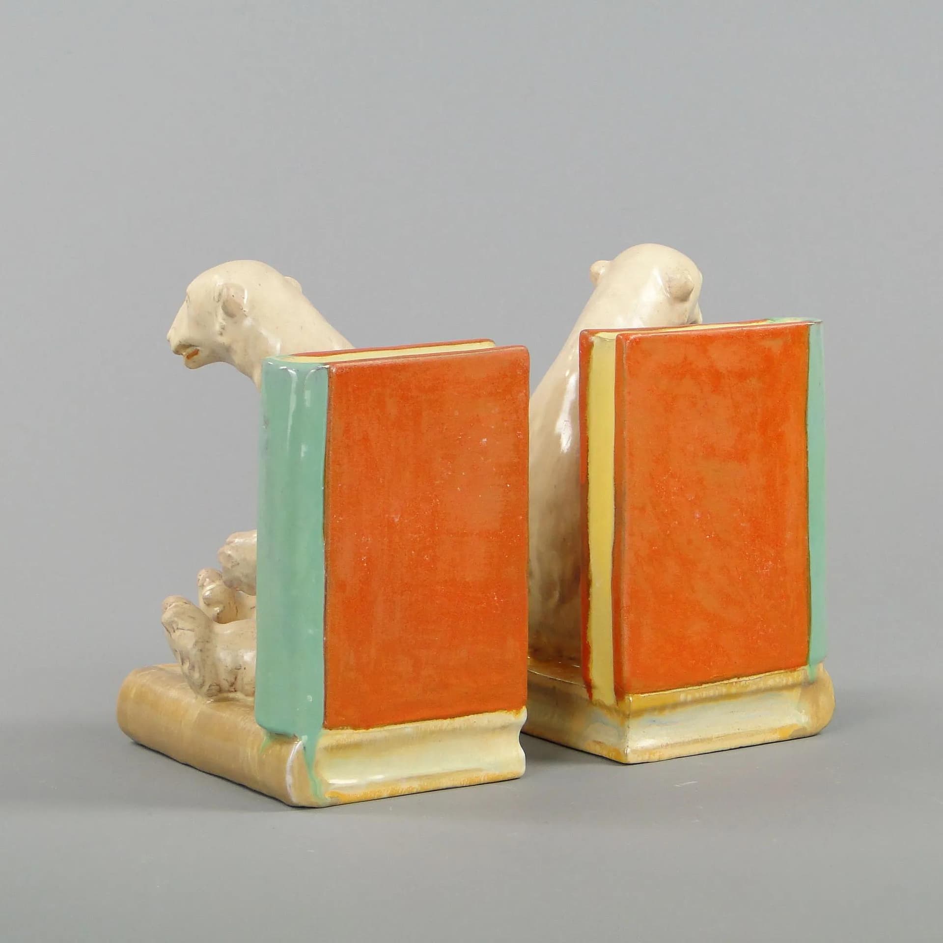 Pair of bookends Art Deco, multicolor, ceramics, by D. Urbach, Czech Republic, 1930s. - 44860