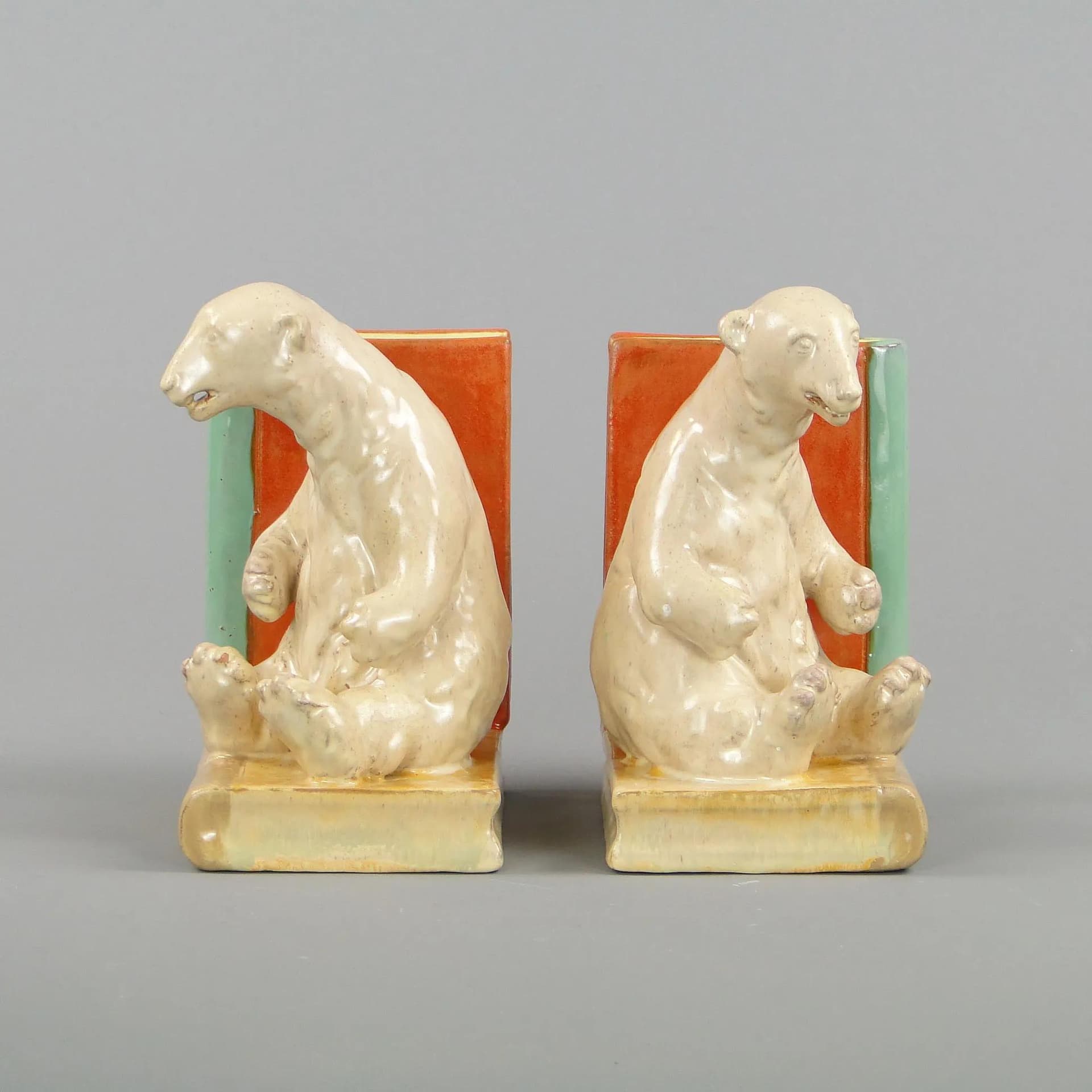 Pair of bookends Art Deco, multicolor, ceramics, by D. Urbach, Czech Republic, 1930s. - 44858
