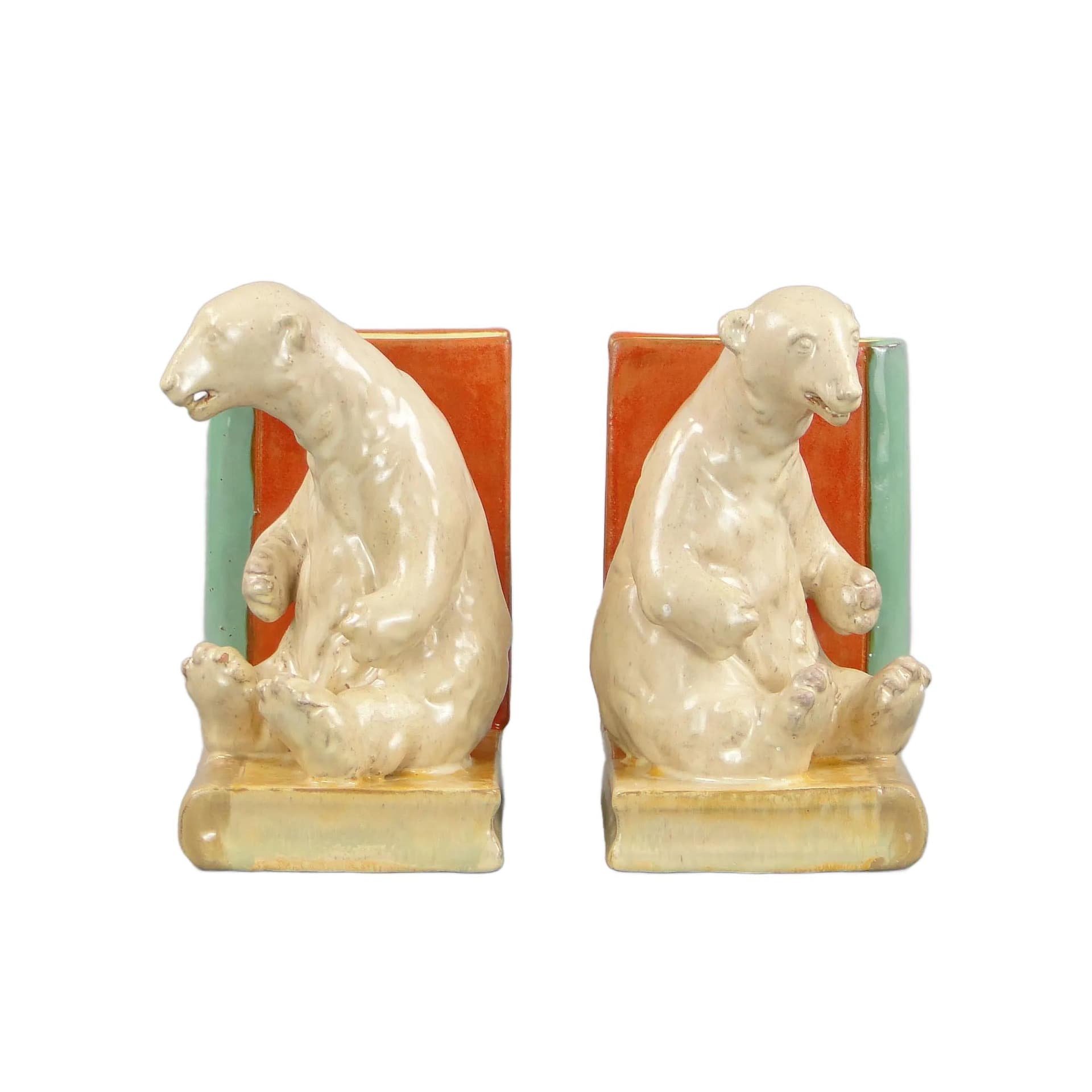 Pair of bookends Art Deco, multicolor, ceramics, by D. Urbach, Czech Republic, 1930s.