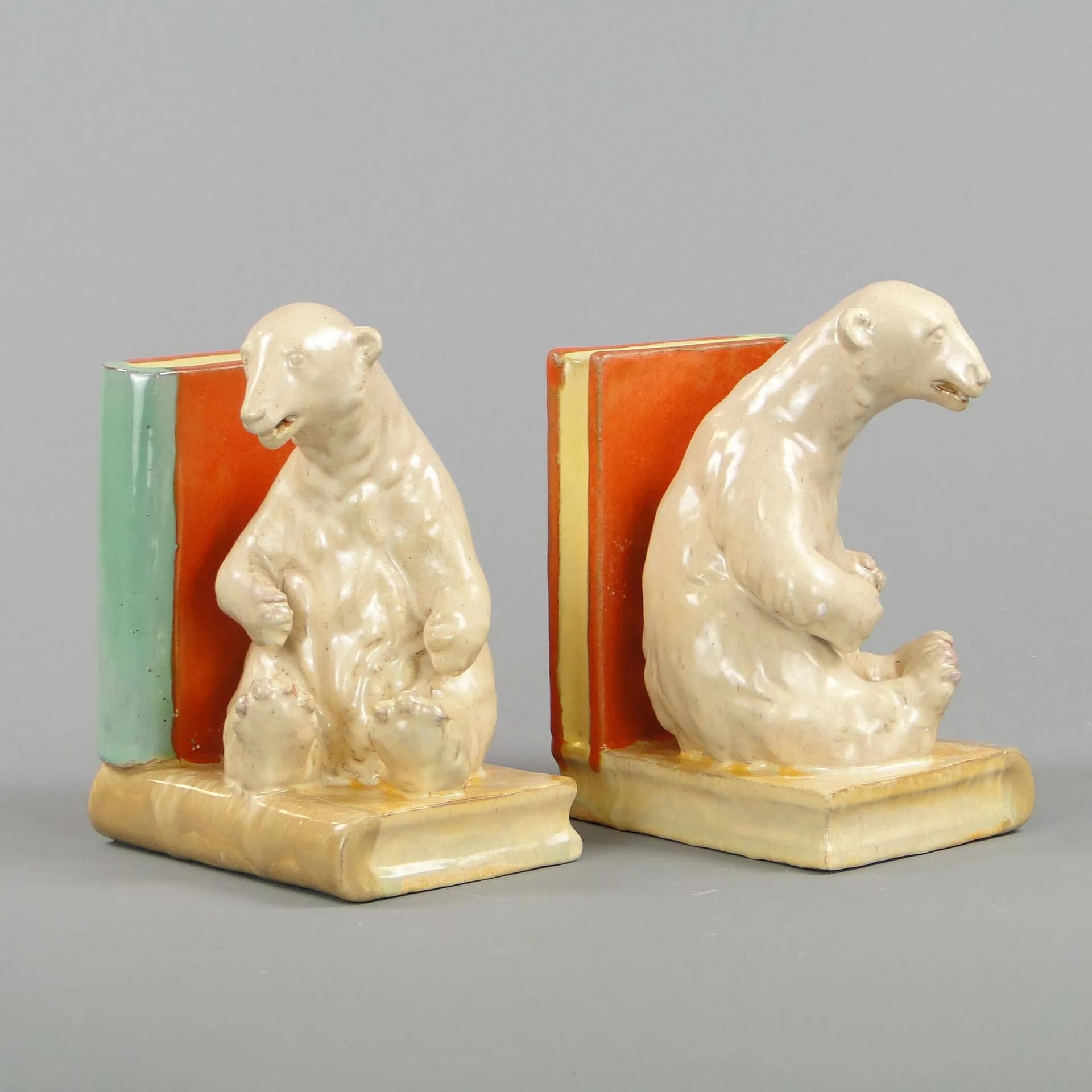 Pair of bookends Art Deco, multicolor, ceramics, by D. Urbach, Czech Republic, 1930s. - 44859