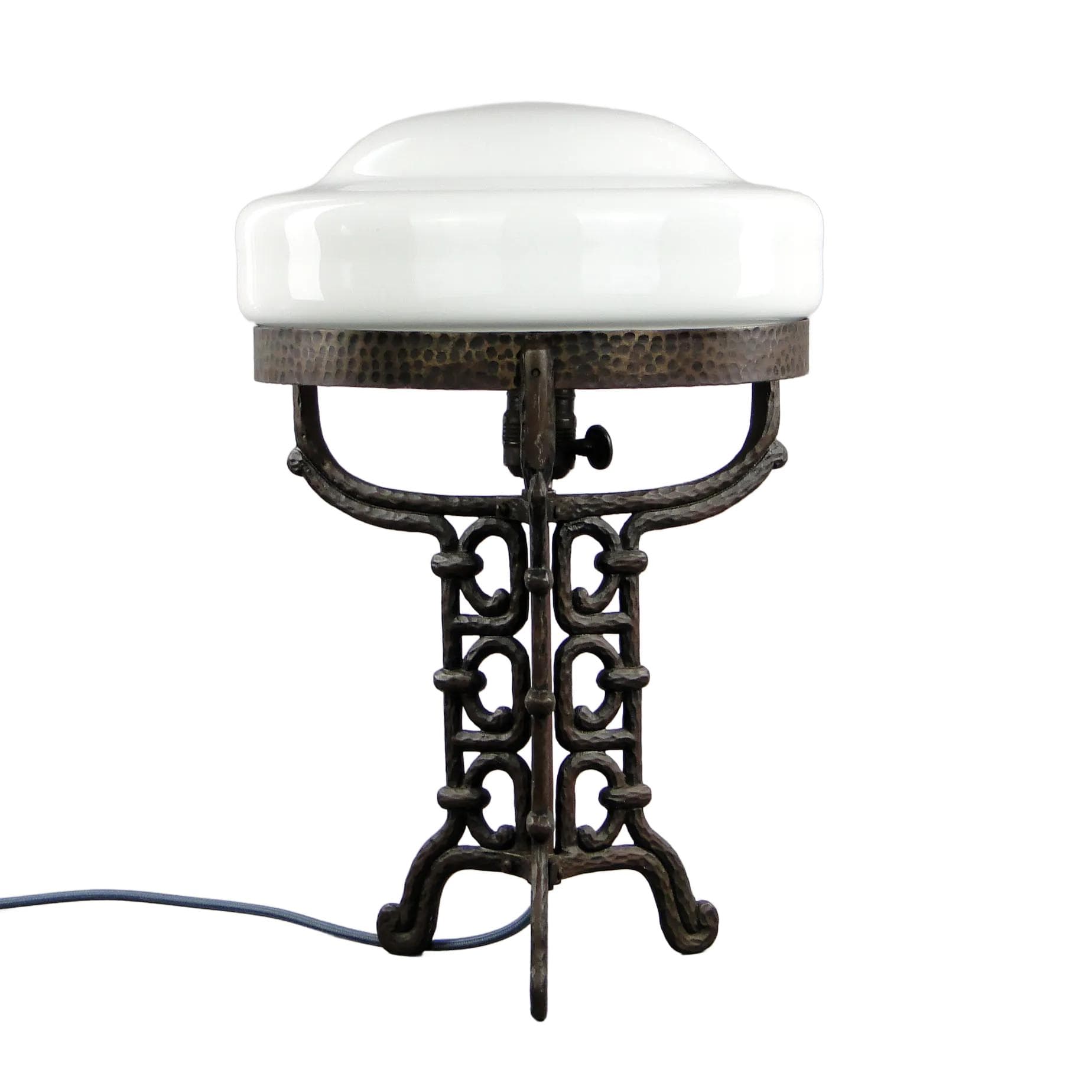 Table Lamp Art Deco, patinated steel, white glass, France, 1920s