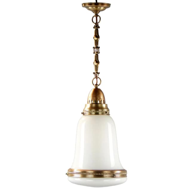 Lampa wisząca secesyjna, szkło białe, mosiądz, Polska, początek XX w. - WYMIARY