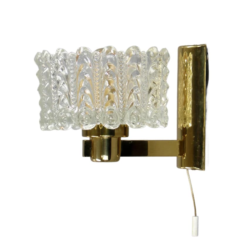 Wall light, transparent glass, brass, by C. Fagerlund, Orrefors, Sweden, 1960s.