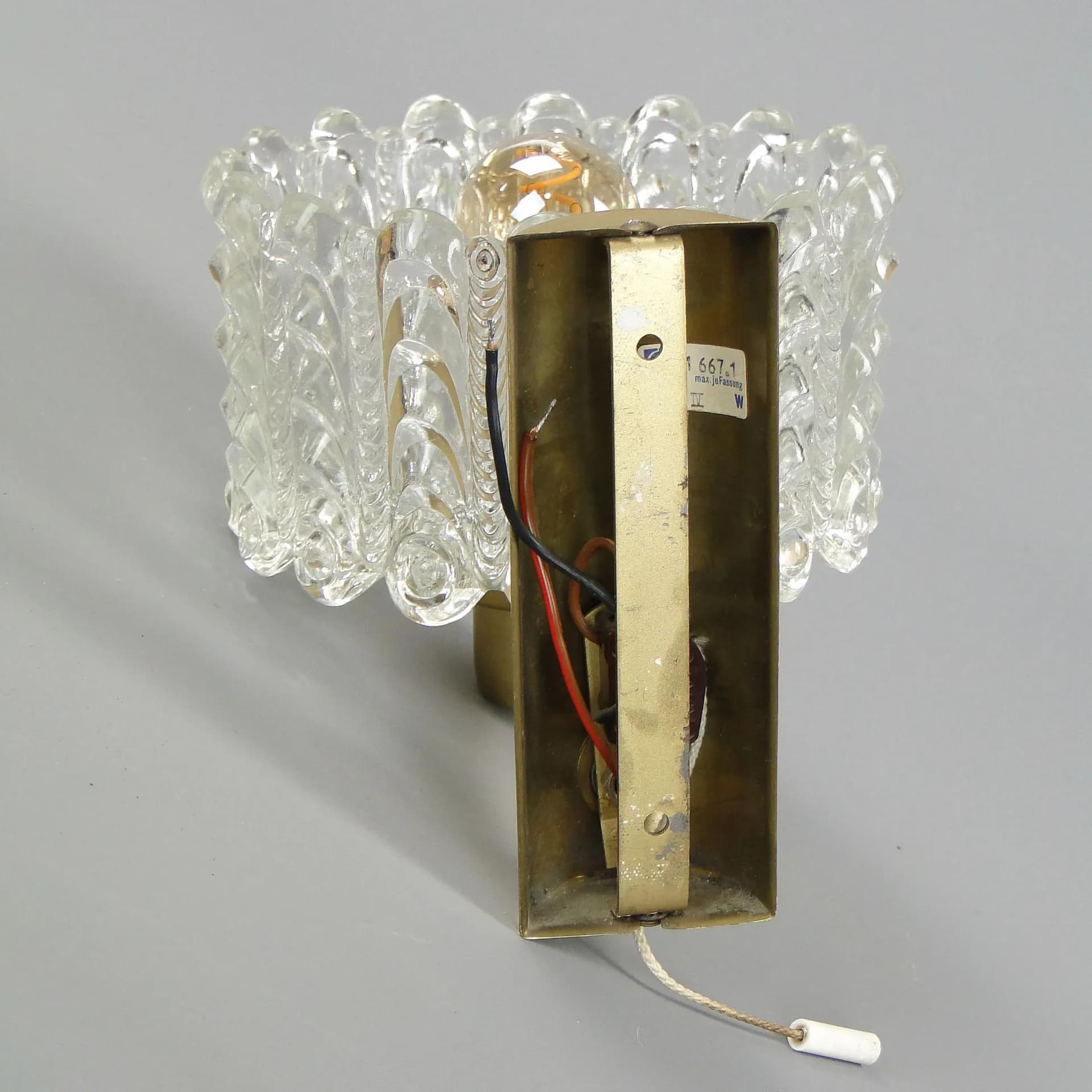 Wall light, transparent glass, brass, by C. Fagerlund, Orrefors, Sweden, 1960s. - 45358