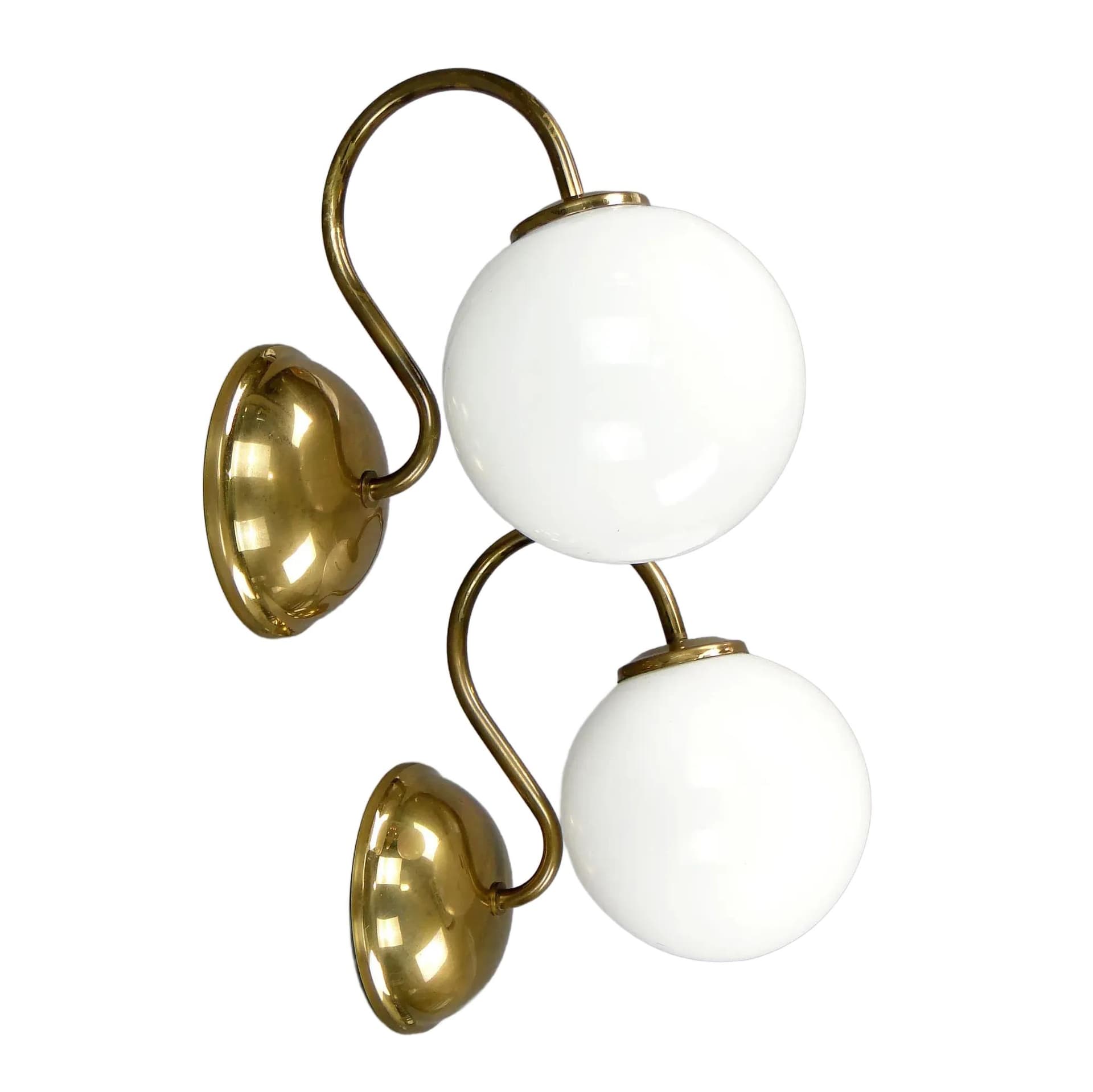Pair of modernist wall sconces, golden brass, white glass, Poland, 1960s
