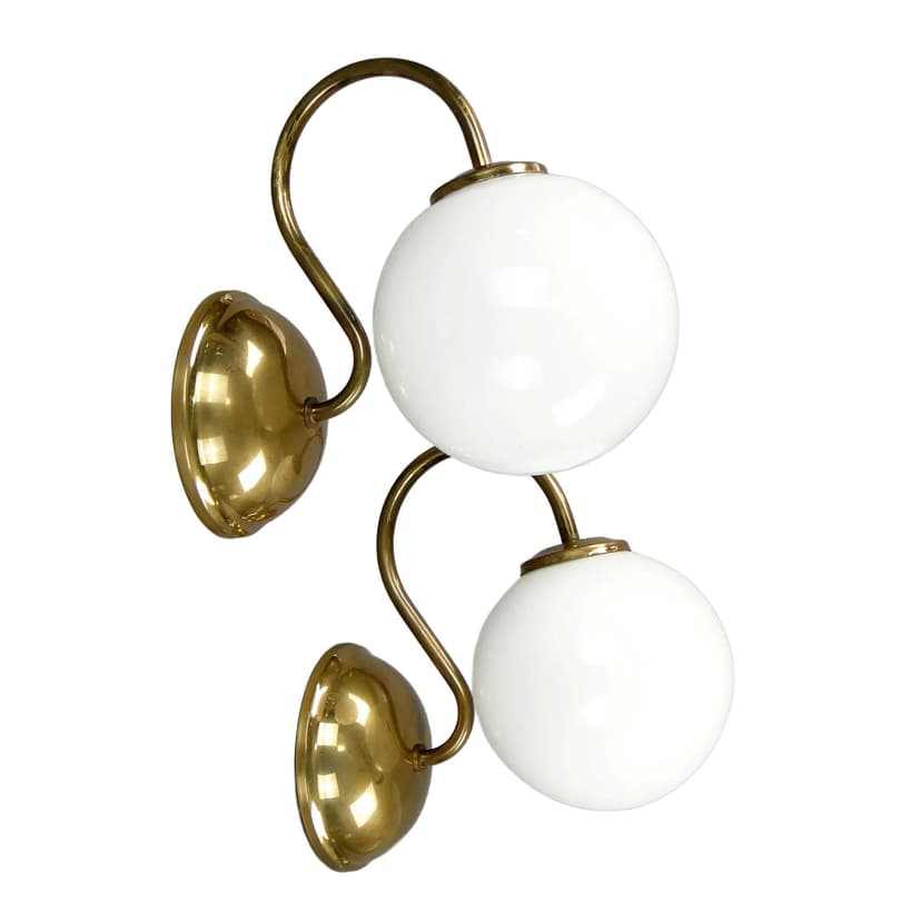 Pair of modernist wall sconces, golden brass, white glass, Poland, 1960s