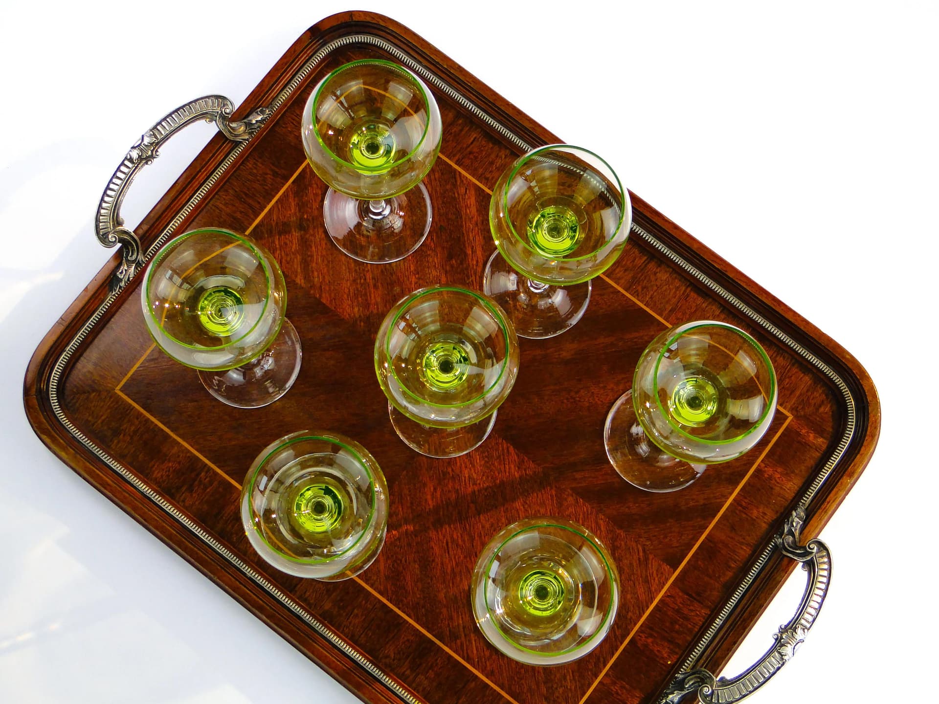 Zestaw kielichów do wina Art déco, szkło uranowe żółty, szkło kryształowe bezbarwny, Polska, lata 30. - 45299