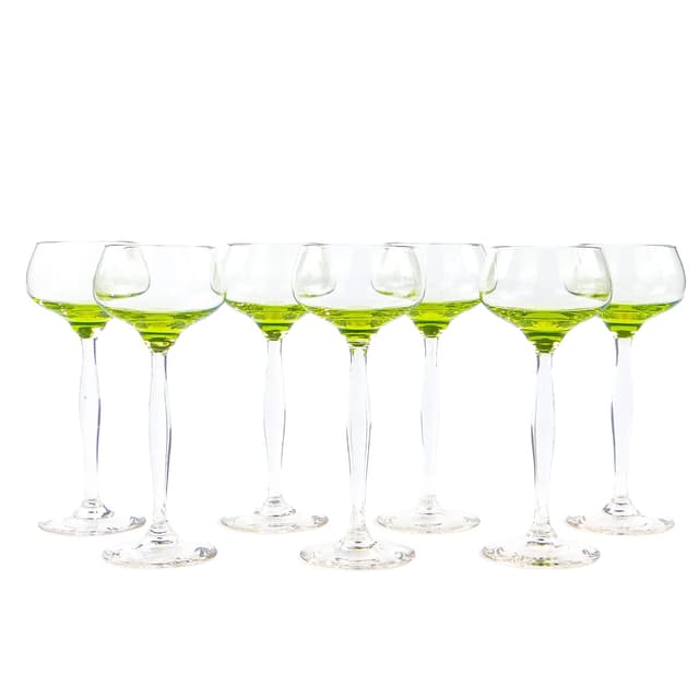 Zestaw kielichów do wina Art déco, szkło uranowe żółty, szkło kryształowe bezbarwny, Polska, lata 30. - WYMIARY