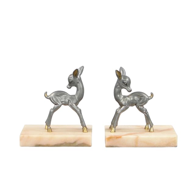 Para podpórek do książek z sarenkami, srebrny metal, marmur różowy, Francja, lata 40. - WYMIARY