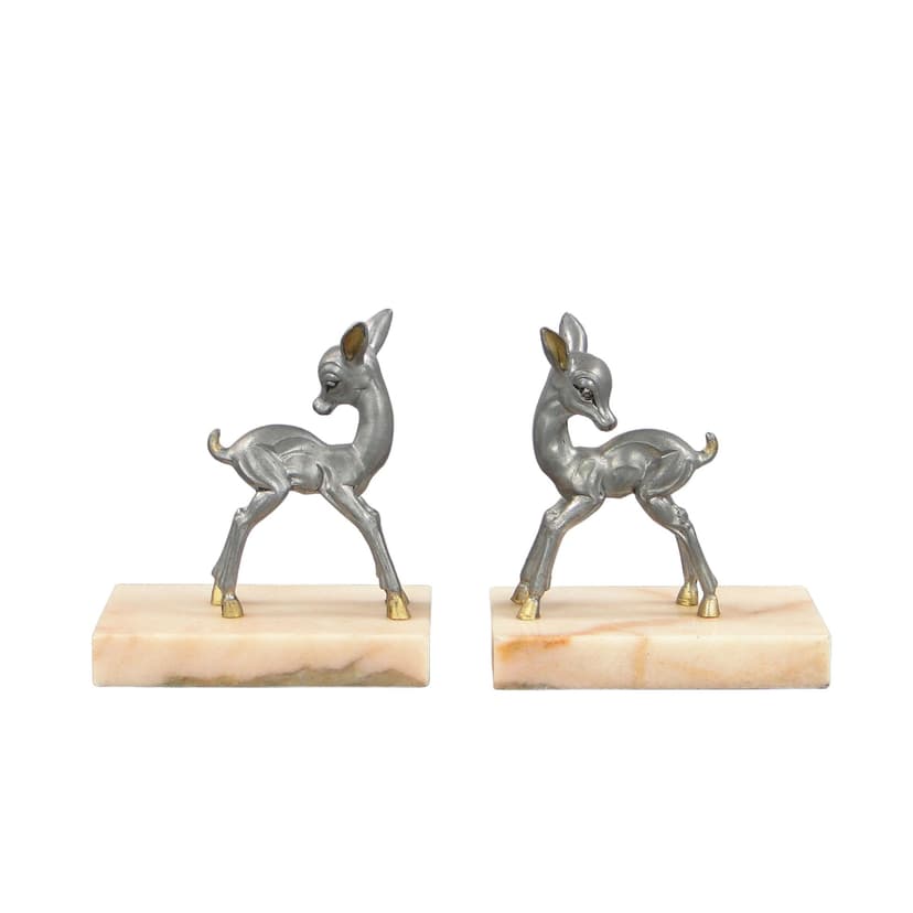 Para podpórek do książek z sarenkami, srebrny metal, marmur różowy, Francja, lata 40.