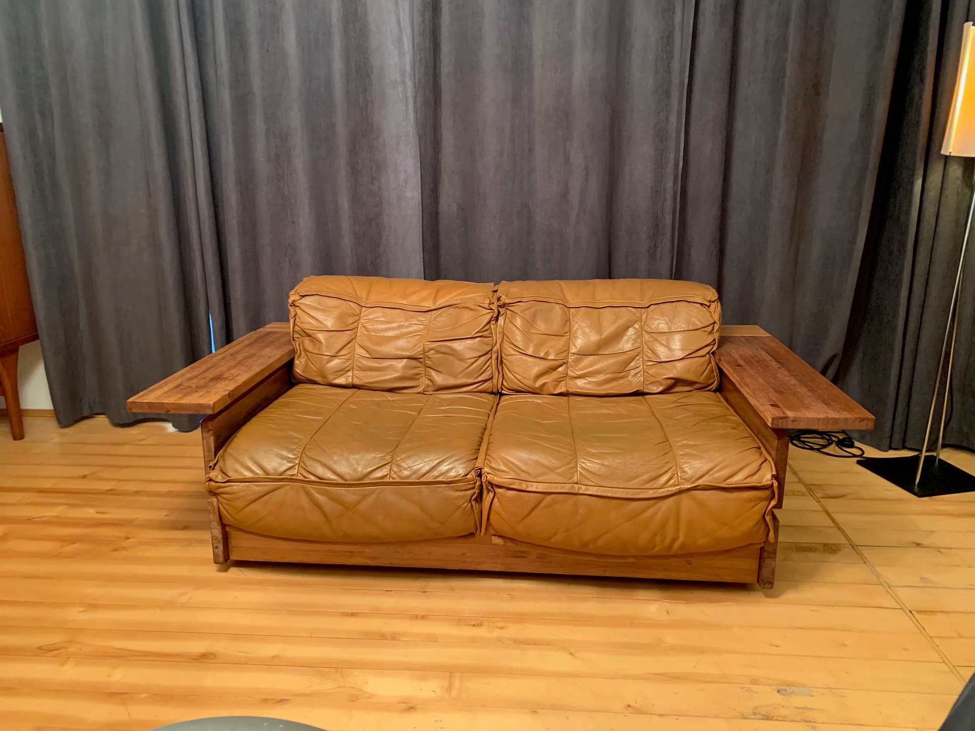 Sofa, skóra brązowa, sosna, Hämeen Kalustaja, Finlandia, lata 70. - 45646