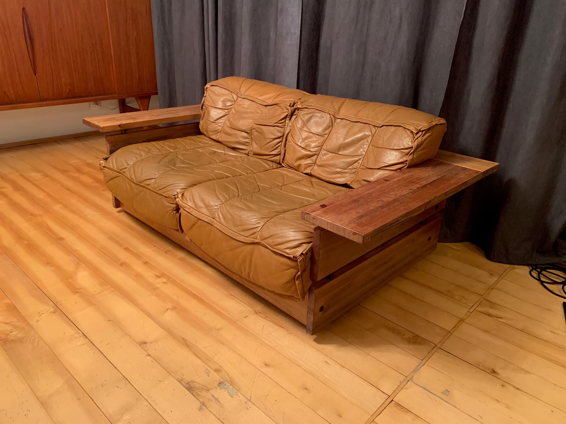 Sofa, skóra brązowa, sosna, Hämeen Kalustaja, Finlandia, lata 70. - 45645