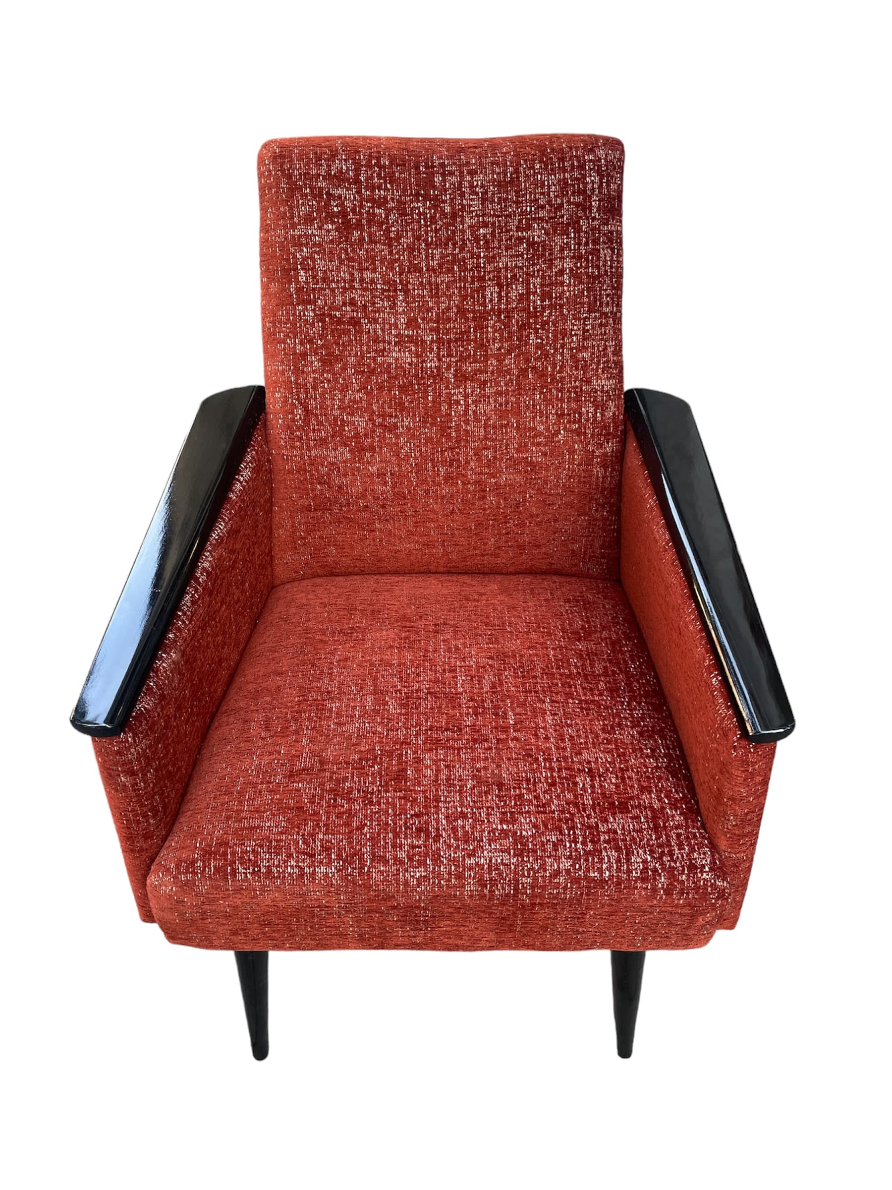 Club armchair Gera, maroon fabric, black wood, Germany, 1970s. - 45723