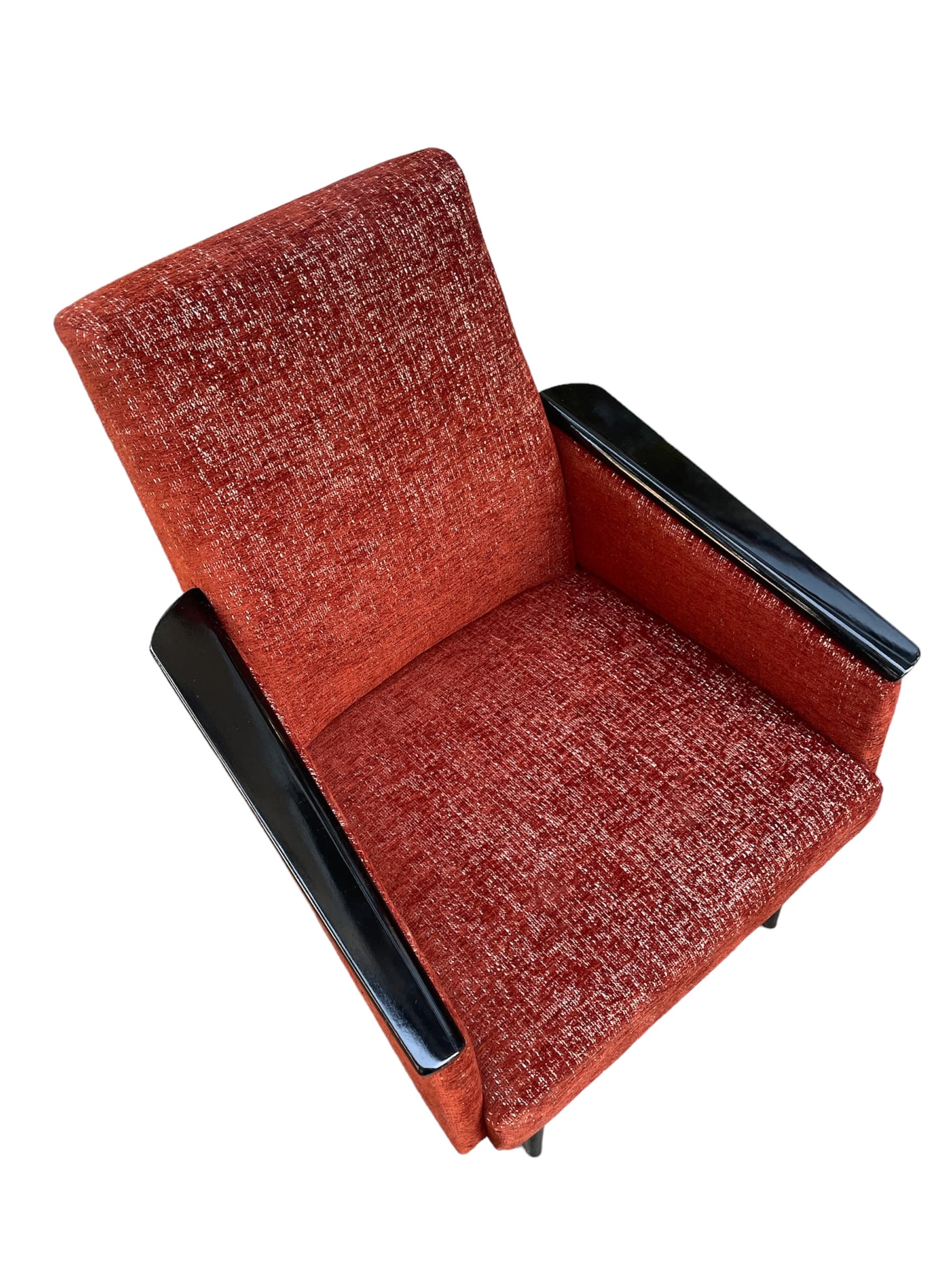 Club armchair Gera, maroon fabric, black wood, Germany, 1970s. - 45722
