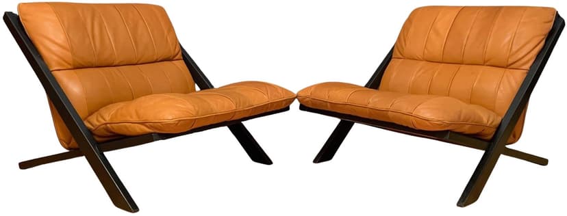 Para foteli, skóra koniakowa, drewno ciemny brąz, proj. U. Berger, de Sede, Szwajcaria, lata 70.