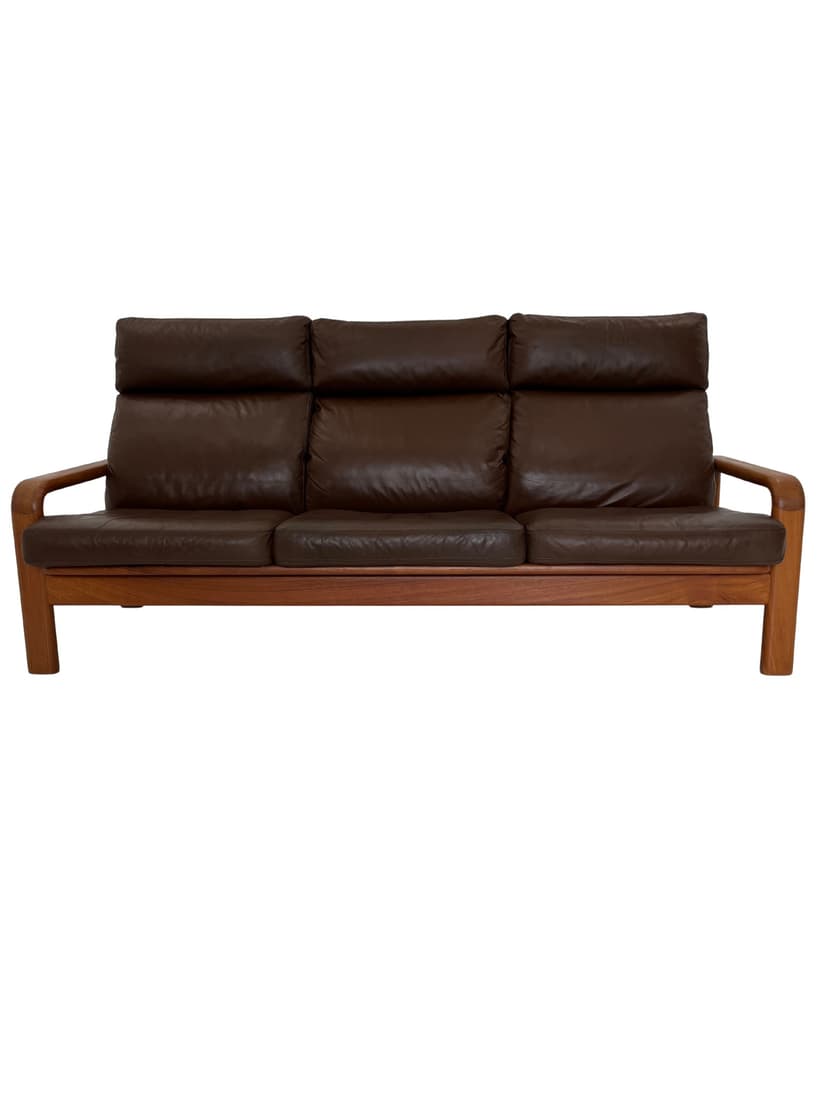 Sofa, skóra brązowa, teak, proj. H. Olsen, Dania, lata 70.
